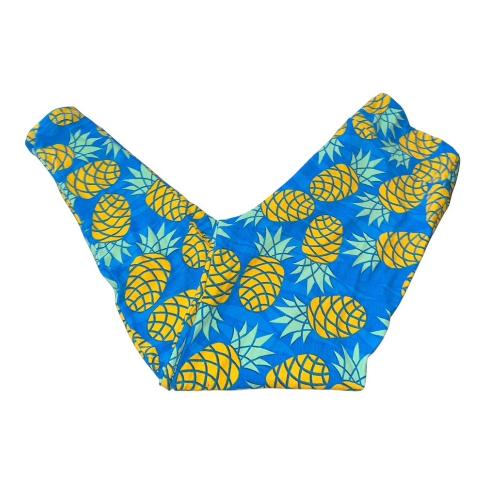 LuLaRoe Tall & Curvy Pineapple Leggings Blue Yellow Tropical Stretch TC Comfort
